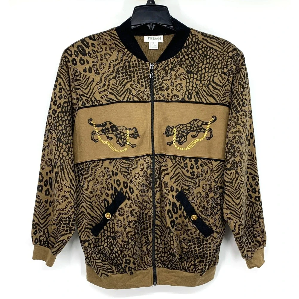 Rafael Jacket Womens XL Animal Print Zip Front Safari Gold Chain Vintage Bomber
